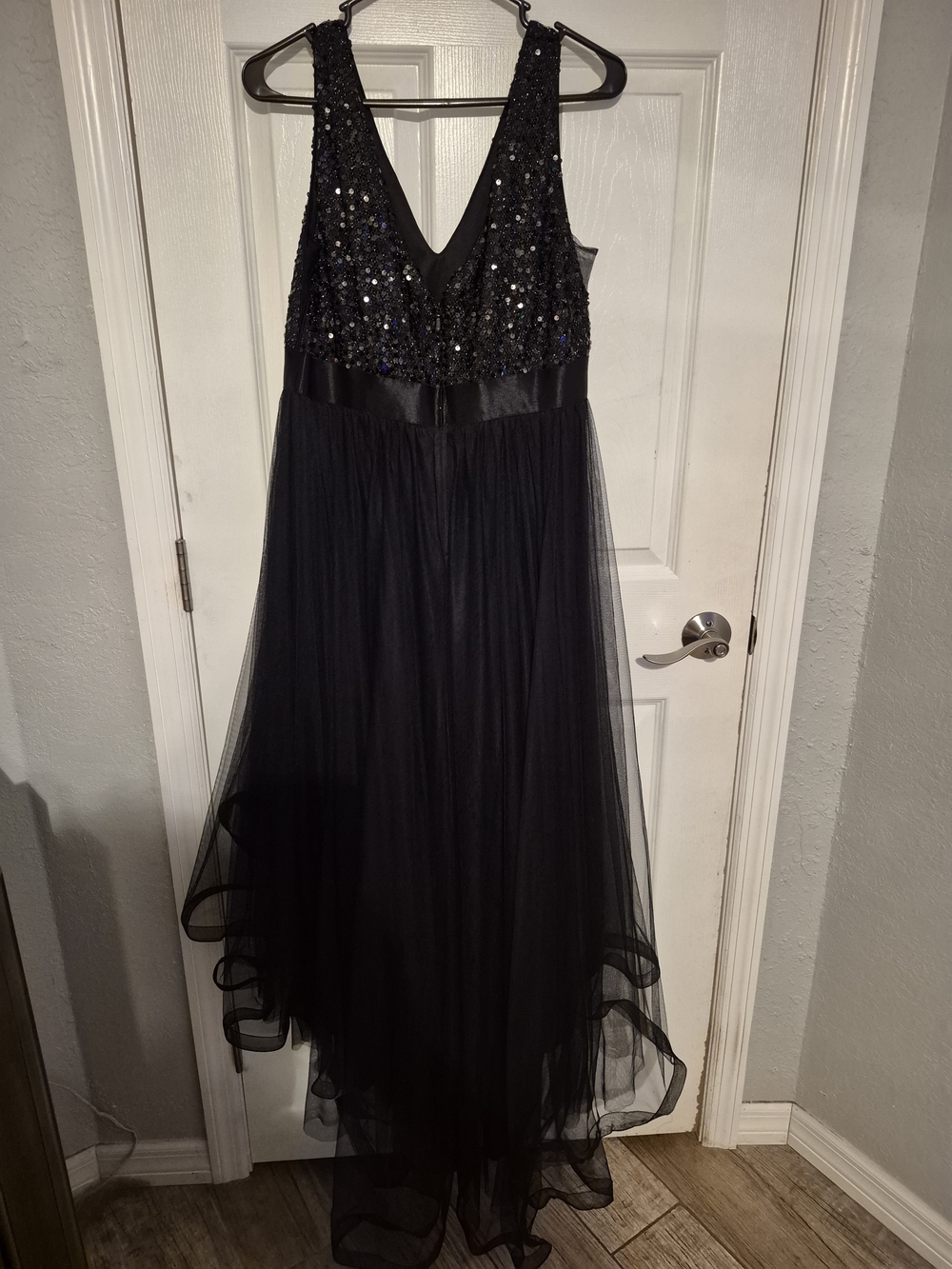Black Sequin V-Neck Tulle Evening Gown - Picture 2 of 3